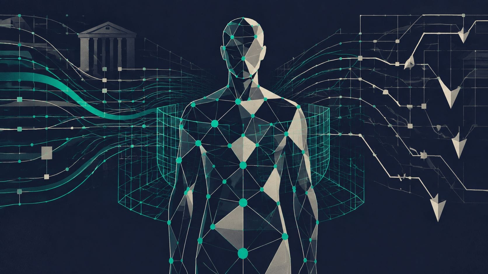 Stylised human figure assembled from network nodes, with data streams flowing in from a classical institutional building on one side and decision arrows on the other.