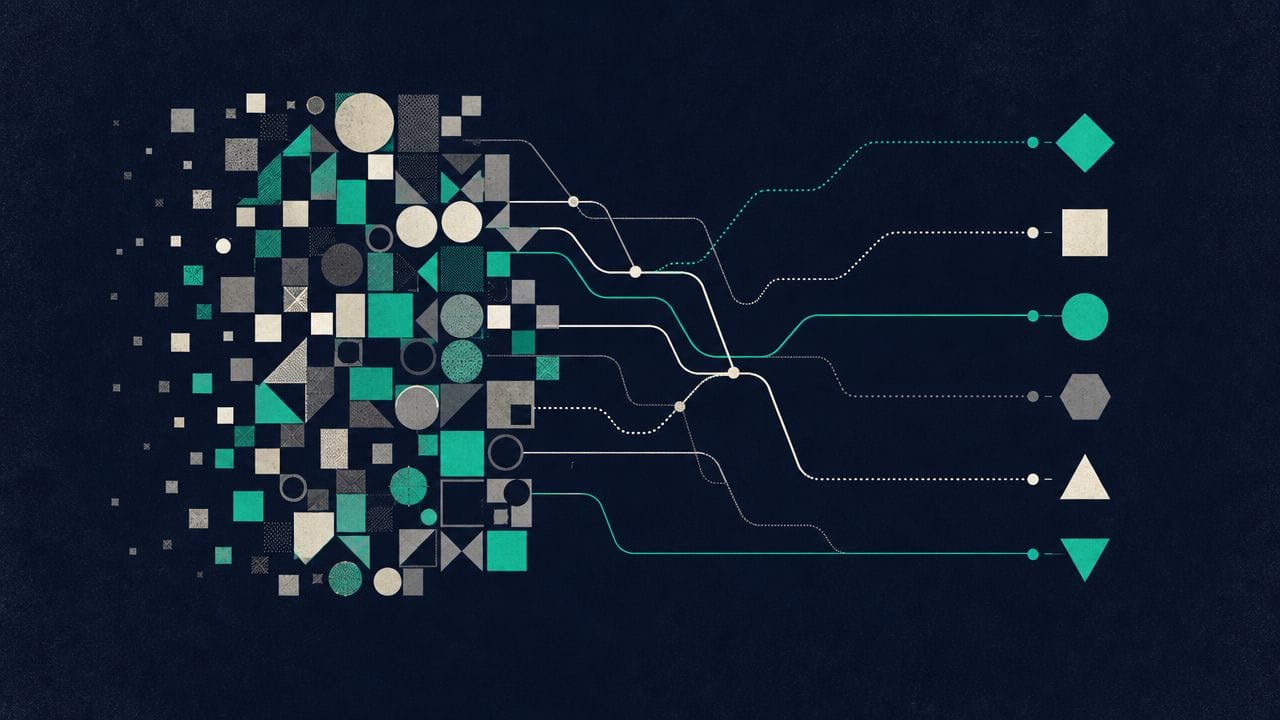 A digital graphic depicting fragmented geometric shapes connecting via lines into distinct, organized final shapes on dark.