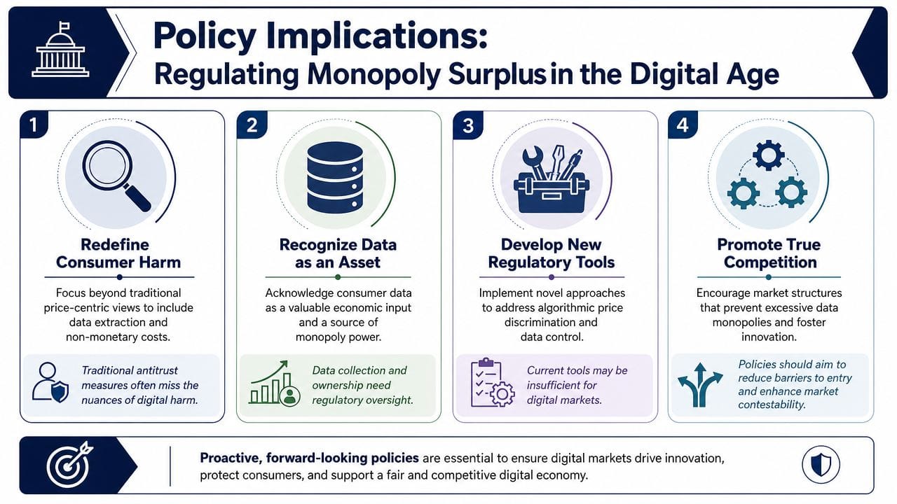An infographic detailing four policy implications for regulating monopoly surplus within the modern digital economy.
