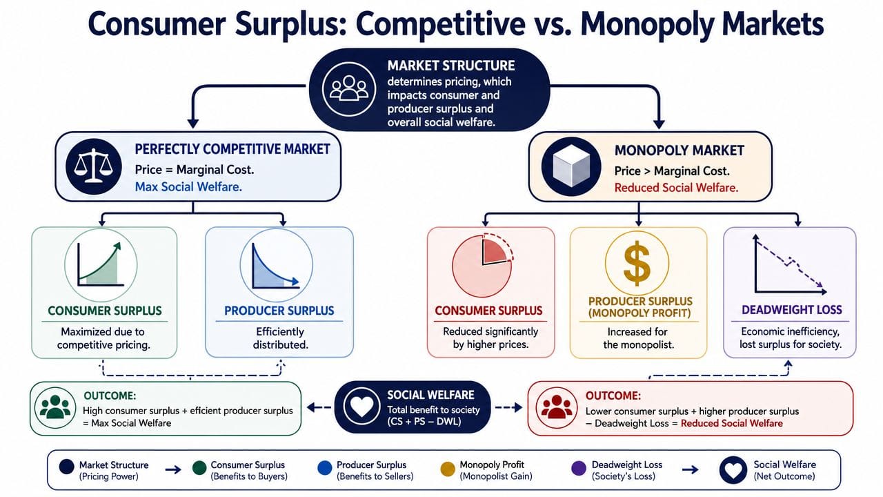 An infographic comparing consumer and producer surplus between perfectly competitive markets and monopoly market structures.