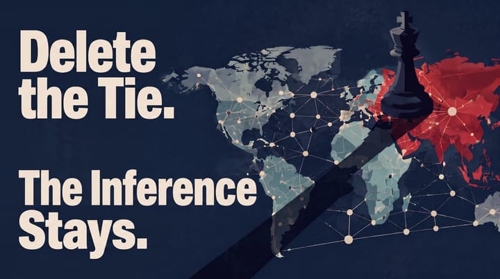 Copertina con il titolo "Cancella il legame. L'inferenza resta." accanto a una mappa del mondo coperta da un grafo di nodi e legami; un re degli scacchi nero sovrasta Europa e Asia.